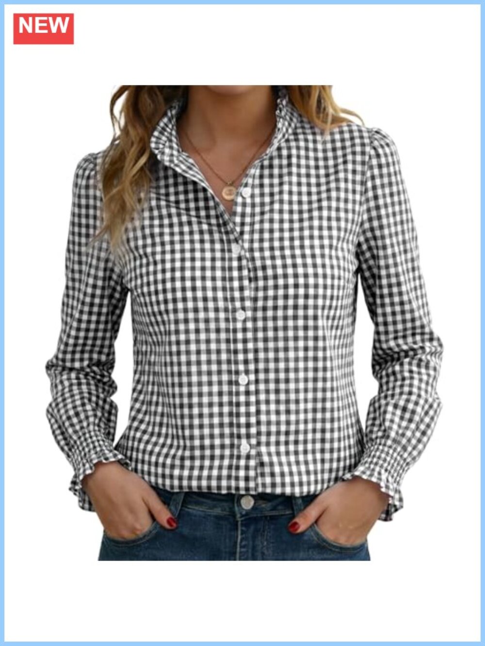 Women's Striped Button Down Shirt Long Sleeve Smocked Cuff Ruffle Collar 100%